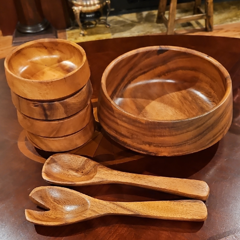VTG Leilani Monkey-Pod Wood Salad Bowl Set - 7 Piece Acacia Woodenware